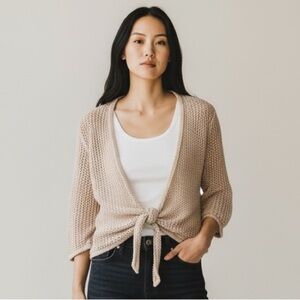 Vintage Christopher & Banks Beige Crochet Knit Tie Front Cardigan